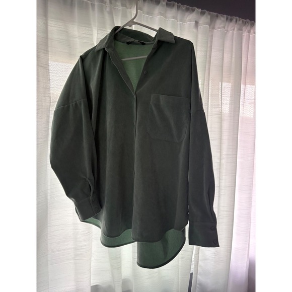 Zara Oversized Corduroy Shirt Top Button Down Pocket Green Size Large - Picture 1 of 4